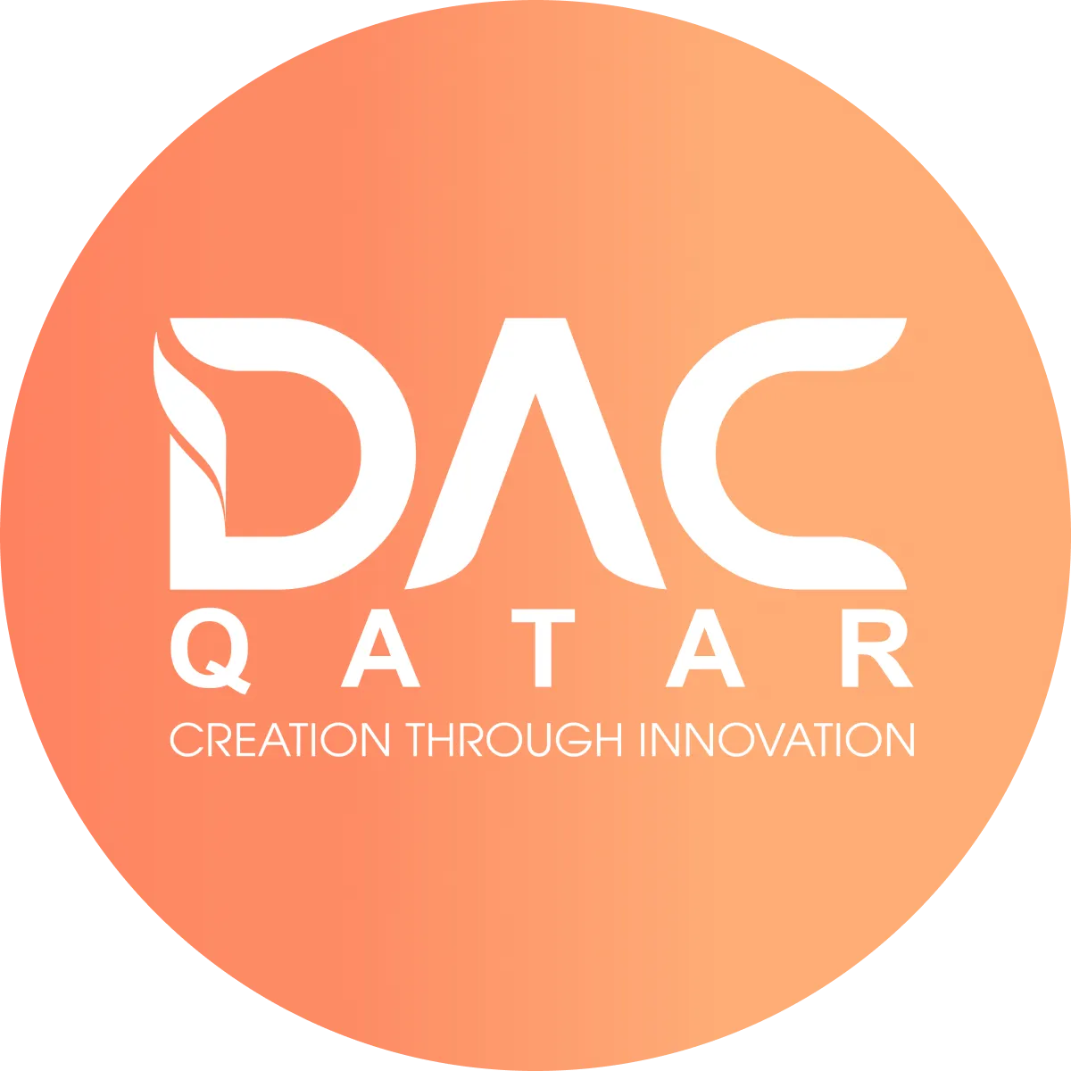 A circular logo featuring the text 'DAC' at the top, 'QATAR' below it, and the phrase 'CREATION THROUGH INNOVATION' at the bottom, all presented in a modern font and graphic design style.