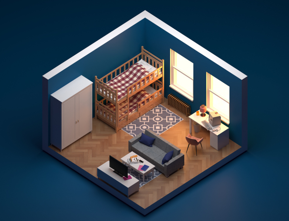 3D interior room design visualization with modern furniture