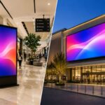 Indoor and outdoor digital signage at a modern shopping mall.