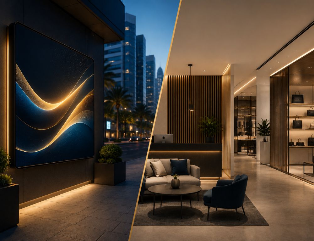 Modern commercial interior paired with digital advertising display.