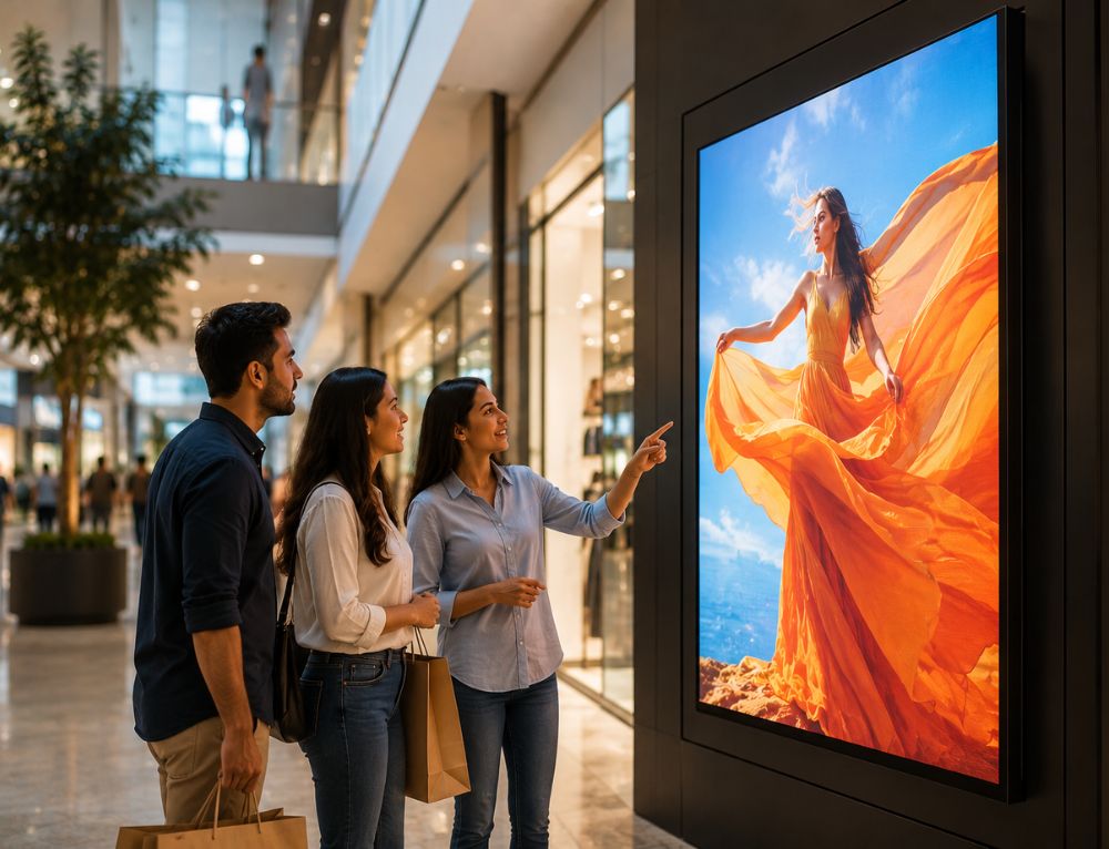 Customers viewing a digital fashion display in a modern retail store